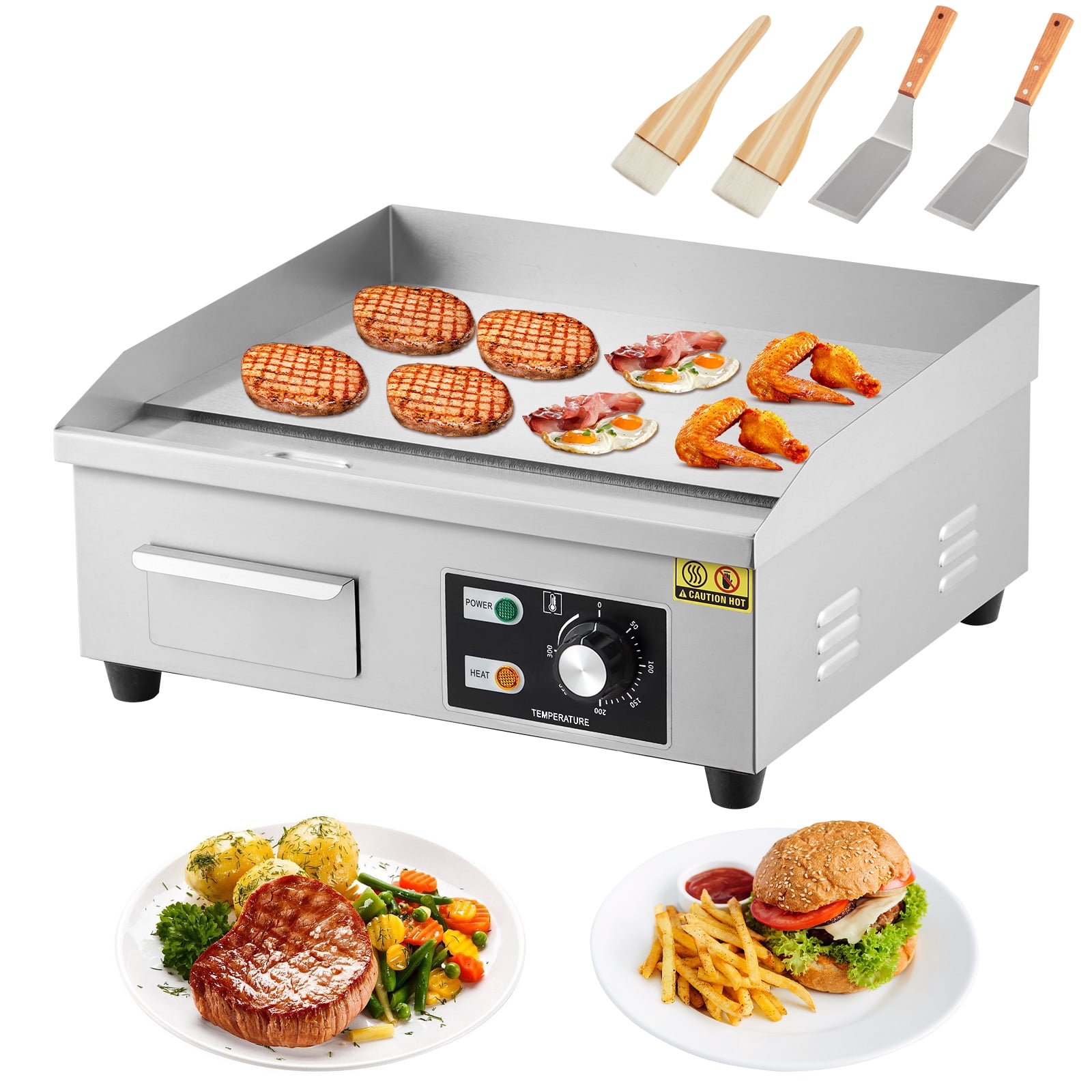 18" Commercial Electric Griddle, 1600W Stainless Steel Flat Top Teppanyaki Grill, Non-Stick, 122-572°F Adjustable Temp, Countertop BBQ, Includes 2 Shovels & 2 Brushes, for Kitchen & Restaurant