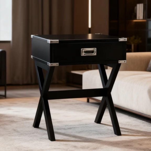 18" Compact Square Black Accent Table with Storage Drawer, X-Shaped Wooden Base & Metal Trim, Small End Table
