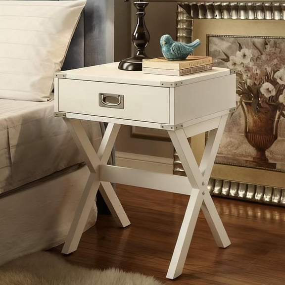 18" Compact Square White Accent Table with Storage Drawer, X-Shaped Wooden Base & Metal Trim, Small End Table