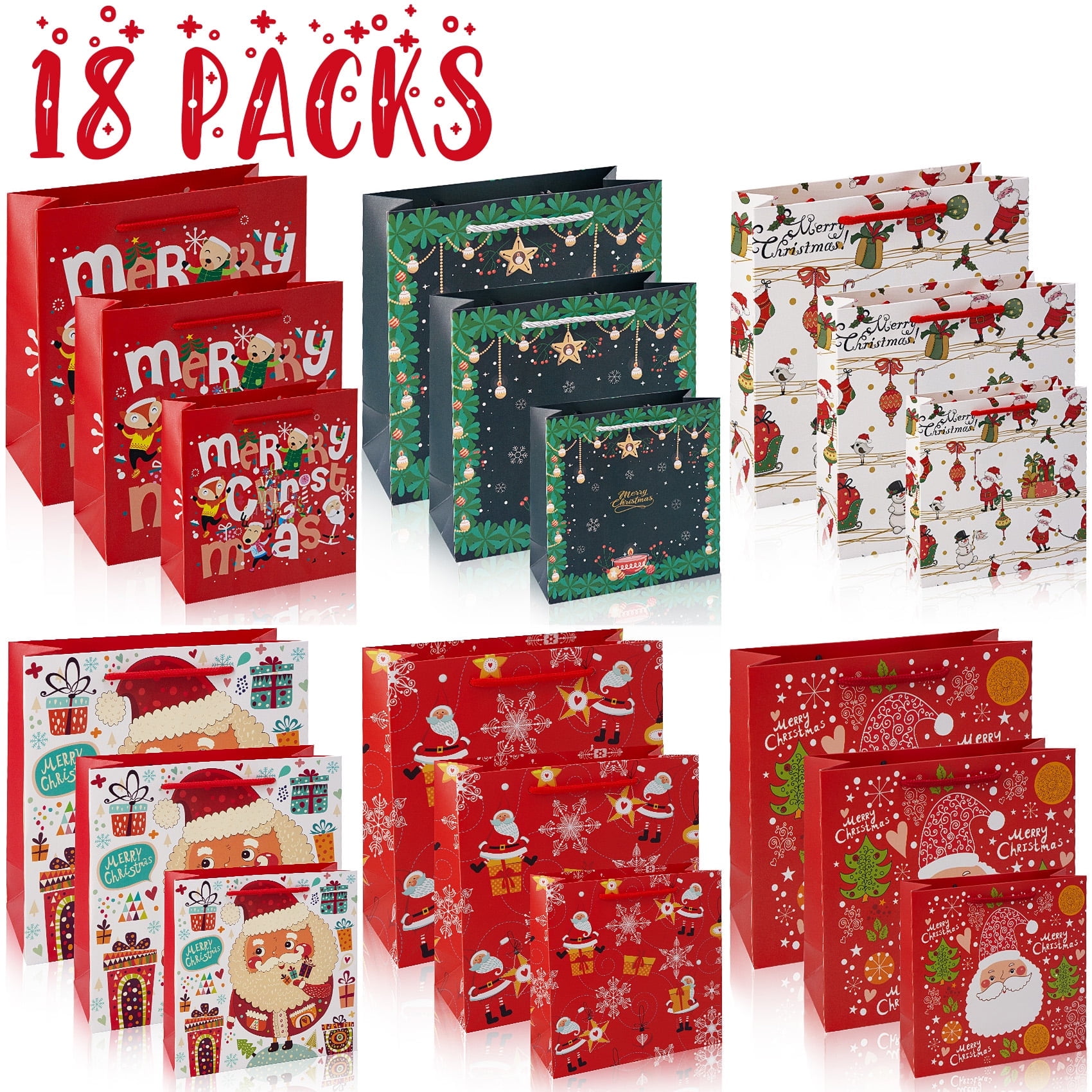 18 Count Christmas Gift Bags Bulk Set Assorted Sizes and Styles Paper Bag