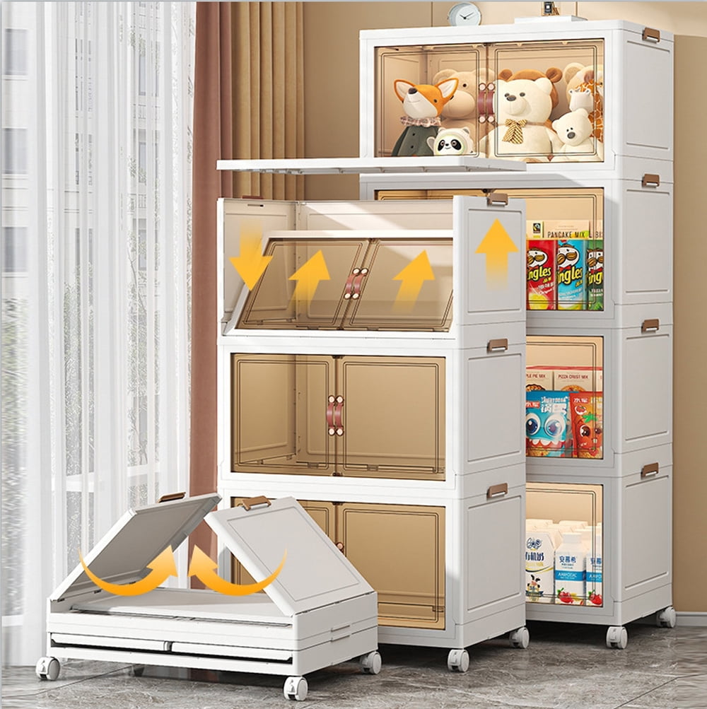 Collapsible Storage Bins with Lids, Folding Storage Box, Stackable Plastic Closet Organizer, Double Doors File Cabinet Trunk Organizer Toy Storage Box, 4 Pack