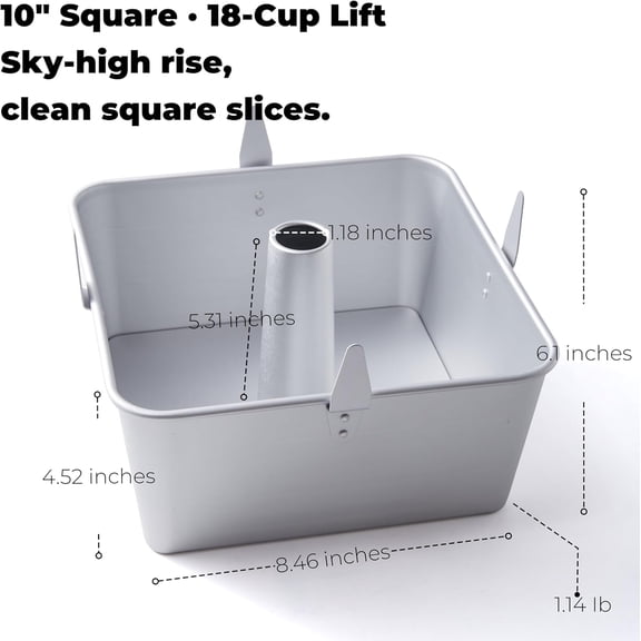 18-Cup Square Tube Cake Pan, 10-Inch Anodized Aluminum Angel Food/Chiffon Pan with Removable Bottom & Cooling Feet