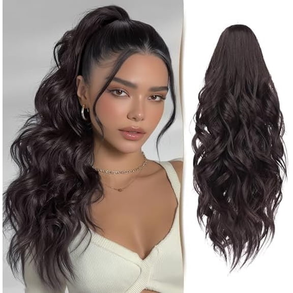 18" Curly Ponytail Claw Clip in Hair Extension Wavy Long Pony Tails Synthetic Hair Jaw Clip Ponytails Hairpiece for Women Girls - Dark Brow