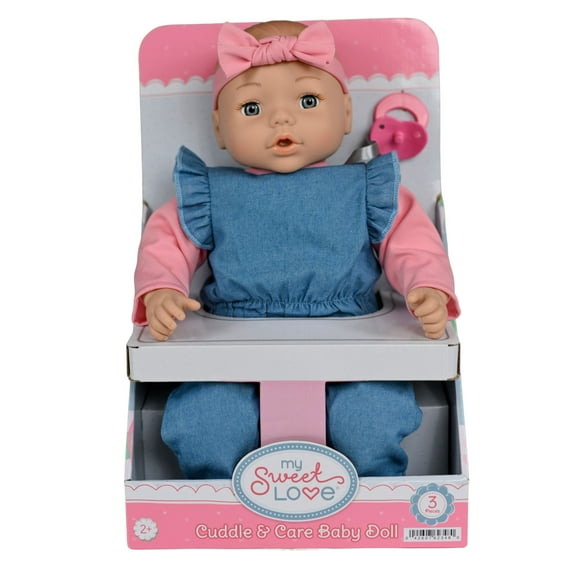 My Sweet Love 18-inch Nurturing Soft Baby Doll with Removable Denim Jumsuit, Doll with Removable Outfit, Cute Headband and Pretend Pacifier,  Gray Eyes