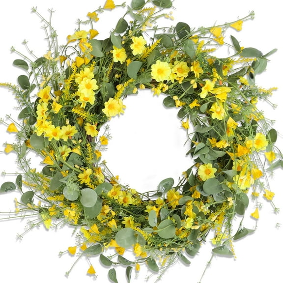 18" Daisy Spring Wreath with Green Leaves Wildflower Artificial Wreaths for Front Door Outdoor Home Decor Summer Wreath Wall Wedding Farmhouse Holiday Yellow