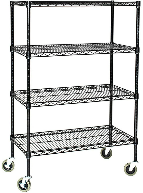 18" Deep x 72" Wide x 92" High 4 Tier Black Wire Shelf Truck with 800 lb Capacity