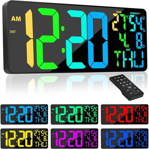 [] 18" Digital Wall Clock Large Display, 11 RGB Color Changing Large Digital Wall Clock with Remote, Date, DST, Temperature, Auto Brightness Digital  Clock for  Spaces Use