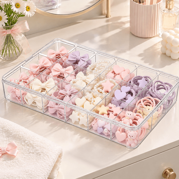 18 Divided Compartments Hair Accessories Storage Organizer with Lid for Hair Bows Clips Scrunchies and Headbands Acrylic Storage Box for Bedroom Bathroom and Vanity Countertop
