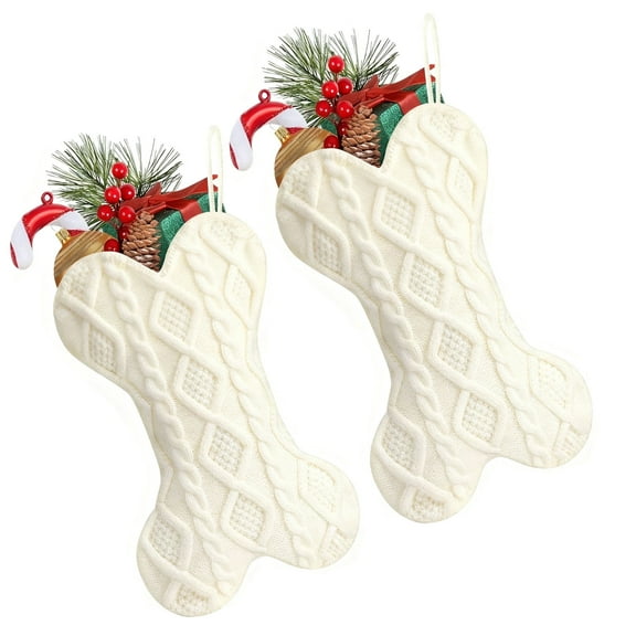 18" Dog Christmas Stocking Personalized,2-Pack Cute Bone Shape Pet Stockings for Indoor Holiday Christmas Decoration Gifts for Family Kids White