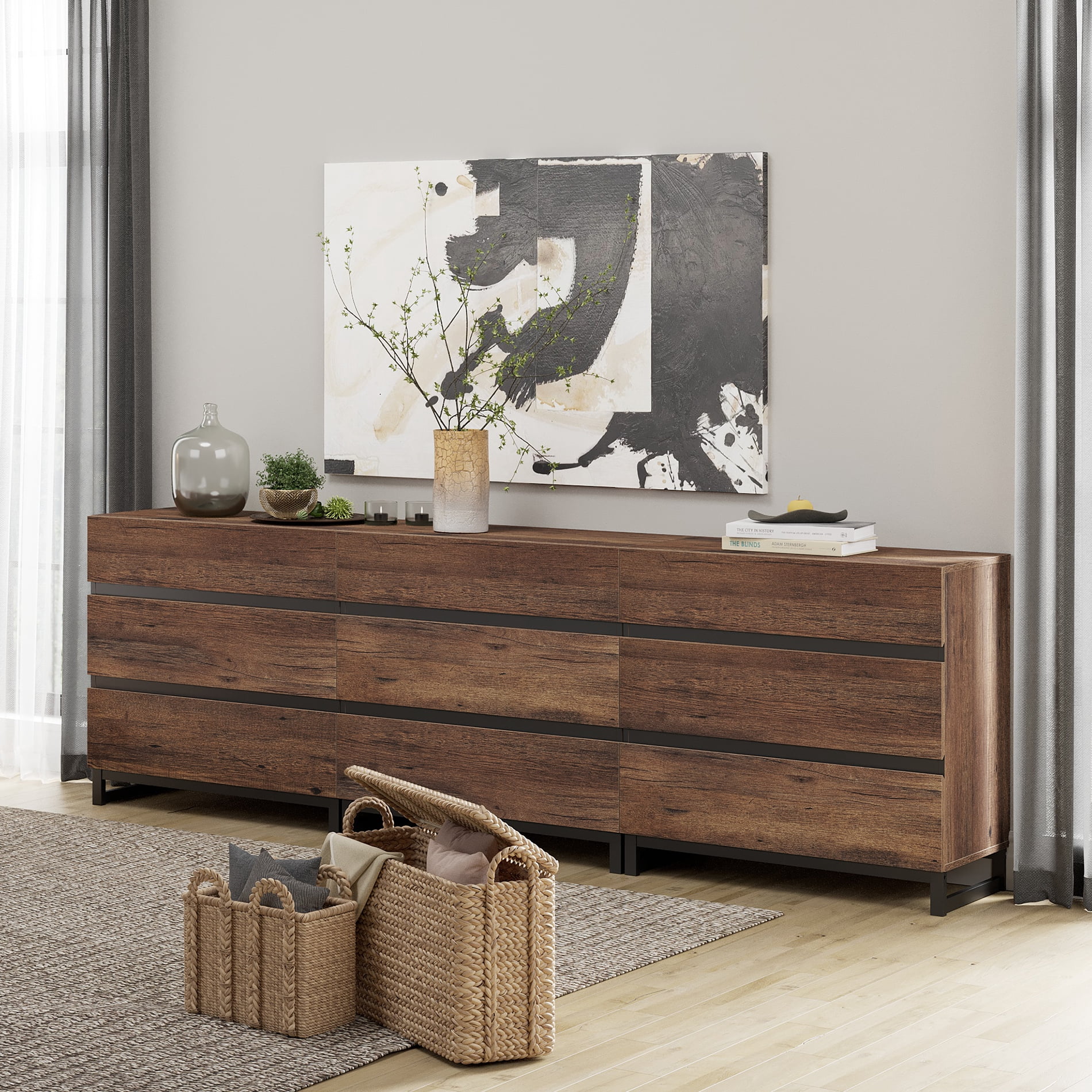 9-Drawer Modern Chest of Drawers, Wood Dresser with Concealed Handles & Metal Base, for Bedroom, Living Room, Brown