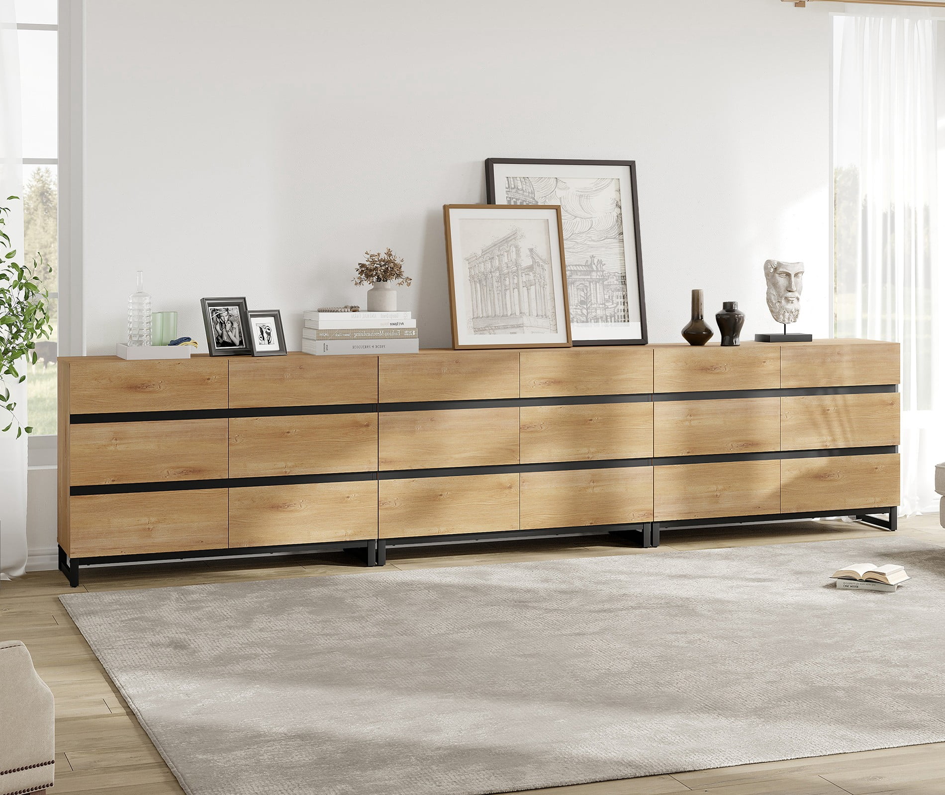 18-Drawer Modern Chest of Drawers, Wood Dresser with Concealed Handles & Metal Base, for Bedroom, Living Room, Oak
