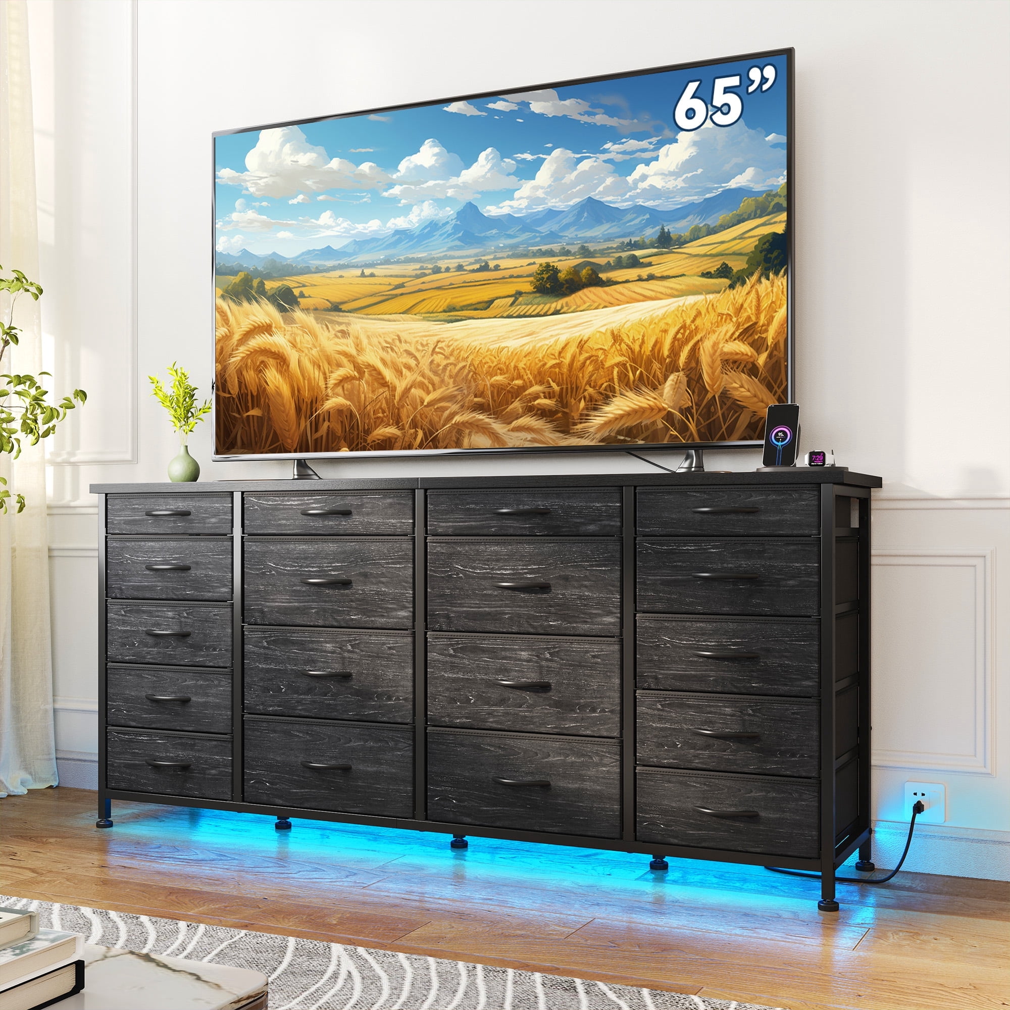 EnHomee 18 Drawers Dresser with LED Lights & Power Outlets Long Dresser for 65" TV Stand for Living Room Large Fabric Dressers & Chests of Drawers for Bedroom, Black