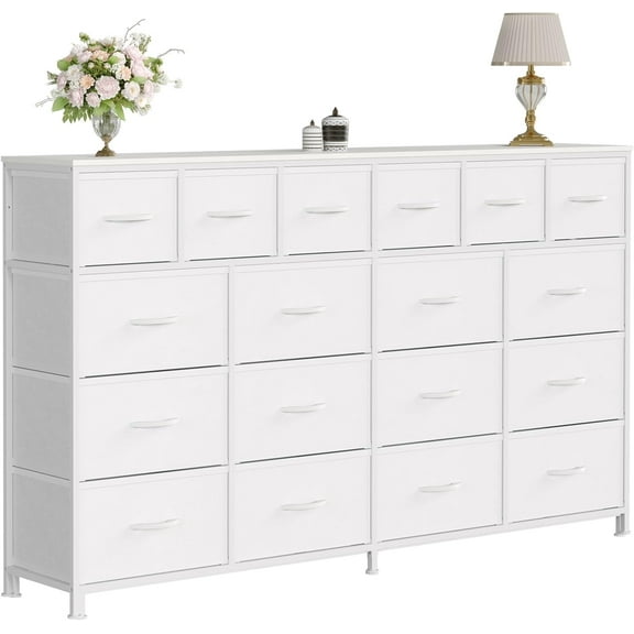 18 Drawers Dresser with MDF, PB, Cationic Fabric, Iron, and PU Long Storage Cabinet for Bedroom, Living Room, or Hallway, 63" w*39" h*11.8" d (White)