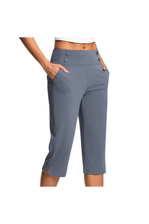 18" Dressy Capri Pants for Women High Waisted Put On Strech Yoga Capris Button Down Sweatpants Side Split Quick Dry Active Capris Tummy Control Sweatpant Capris Slacks Yoga Dress Pant 2025 Summer