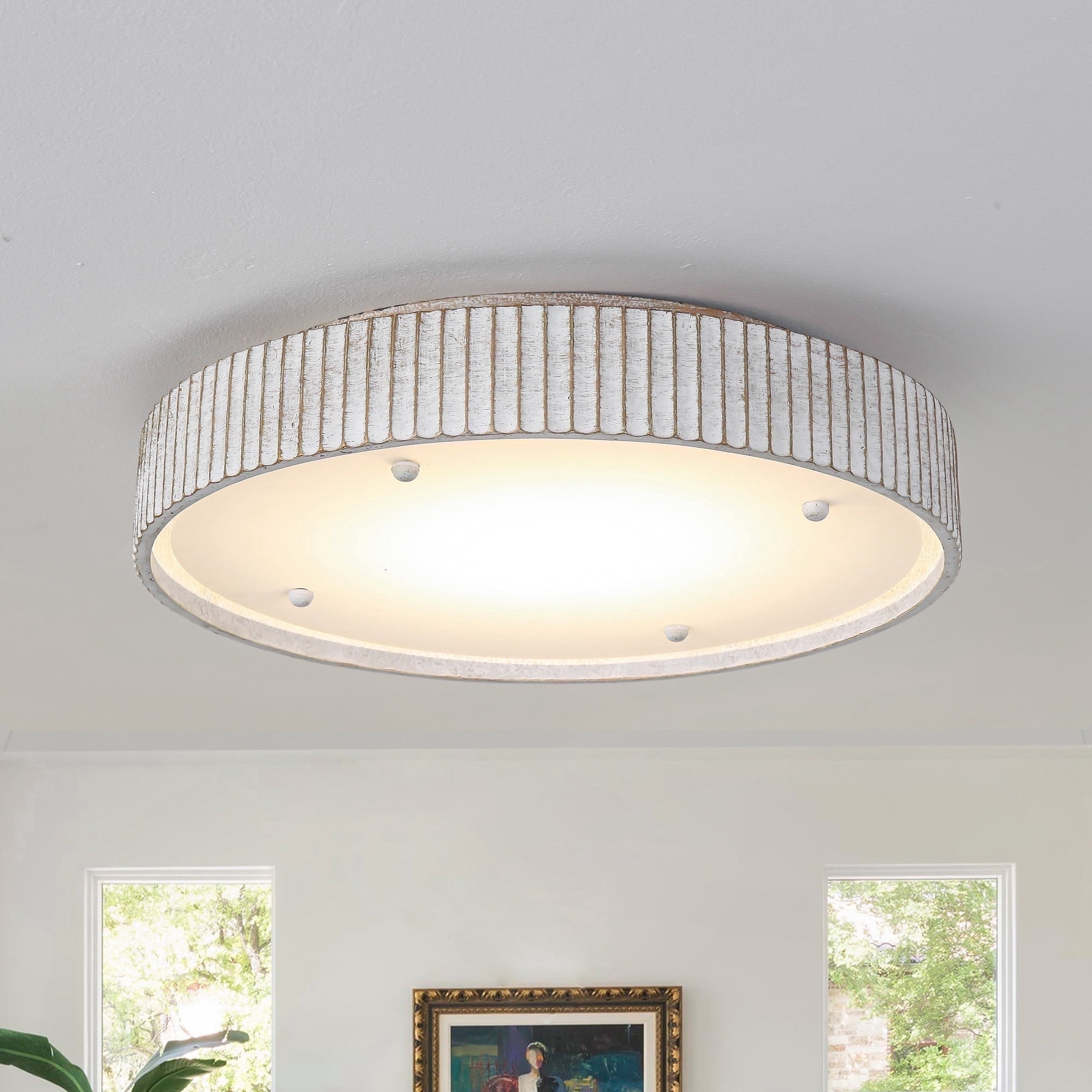 18" Dstressed White Drum Flush Mount LED Ceiling Light, 3CCT for Hallway Bathroom Kitchen or Stairwell