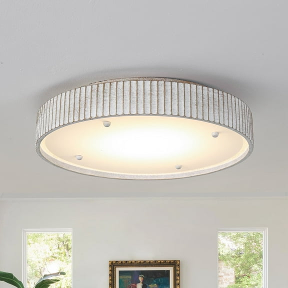 18" Dstressed White Drum Flush Mount LED Ceiling Light, 3CCT for Hallway Bathroom Kitchen or Stairwell
