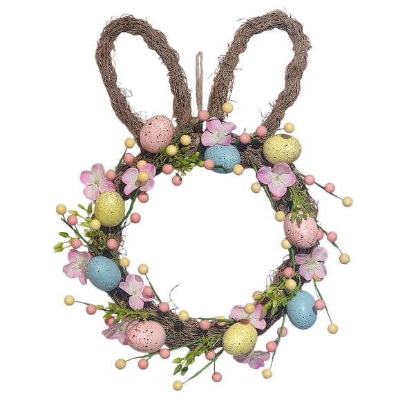 18" Easter Bunny Wreath for Front Door with Light, Pre-lit Spring Rabbit Wreath Decoration with Pastel Speckled Eggs & Berries, Artificial Farmhouse Wall Decor for Holiday Home Indoor