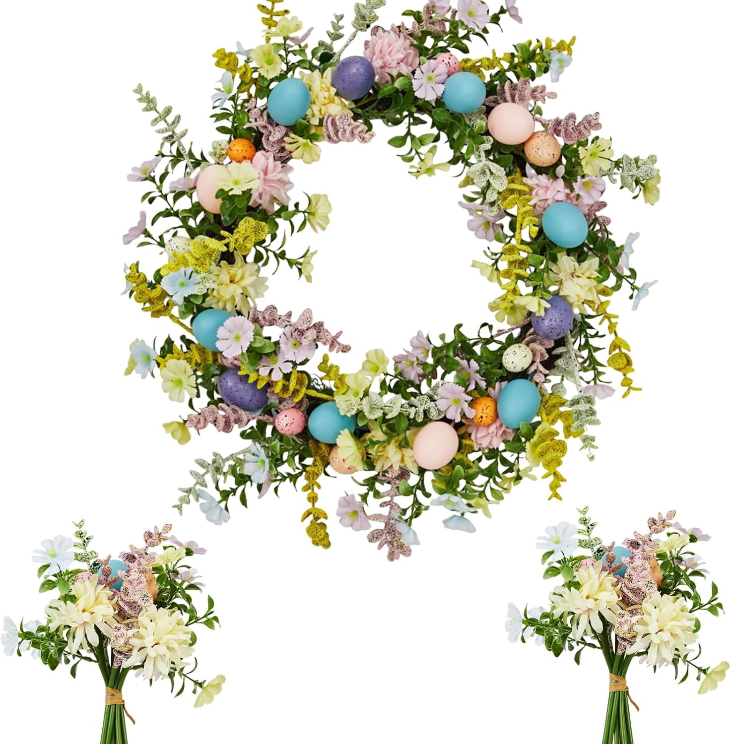 18" Easter Wreath with Artificial Multicolor Eggs and Spring Flowers ...