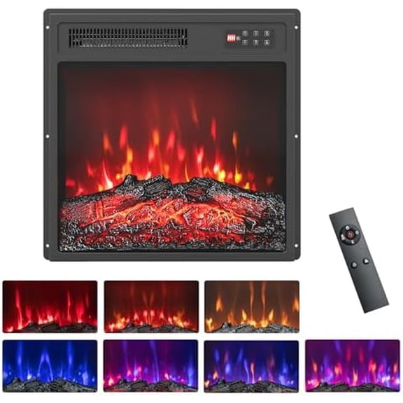 18" Electric Fireplace Insert, Recessed Fireplace Heater w/ 7 Flame Color Effects, Remote Control & 8H Timer, Indoor Fireplace Insert for TV Stand, 1400W, Black$$Home Decor, Kitchen, & Other