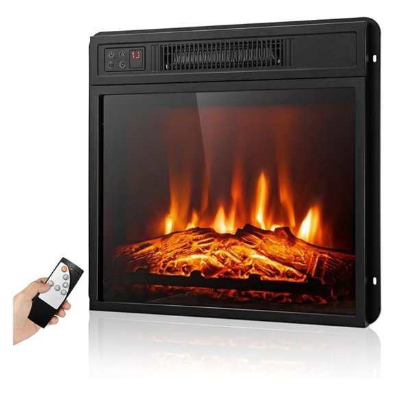 18 Electric Fireplace Insert, Small Recessed Firebox Heater w/Realistic Flame Effect, Adjustable Brightness, Timer, Control, Wall Mounted Fireplace, 1400w, Black