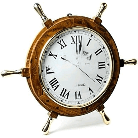 18" Elegant Handcrafted Nautical Ship Wheel Roman Dial Time's Wall Clock with Polished Solid Brass Handles | Ship's Steering Wheel Decor Clock | Maritime Gifts$$Home Decor, Kitchen, & Other