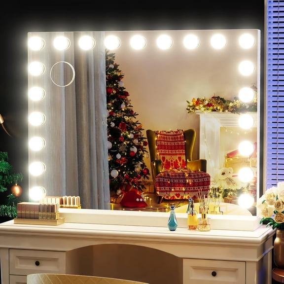 18 Extra Bulbs Vanity Mirror with Lights with & Type-C Charing, 32WX24L Tabletop Hollyhood Mirror, Lighted Vanity Mirror,3 Colors Modes,Touch Control, Frame,White