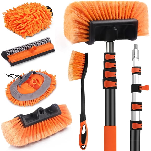 18 FT Reach Car Wash Brush with Long Handle, Car Cleaning Kit with 3-12FT Extension Pole, Soft Bristle Brush, Chenille Microfiber Cleaning Mop&Mitt, Window Squeegee, Wheel Brush for RV, Truck