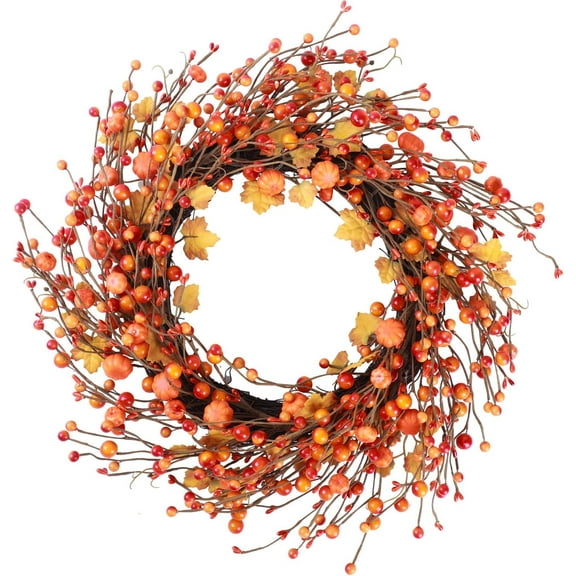 18" Fall Wreaths for Front Door Outside - Autumn Pumpkins Leaves Front Door Wreath Hanging Front Porch Harvest Thanksgiving Decoration (Orange)
