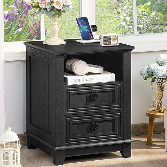 18" Farmhouse End Table for Living Room, Rustic Wooden Nightstand with Charging Station for Bedroom,Black