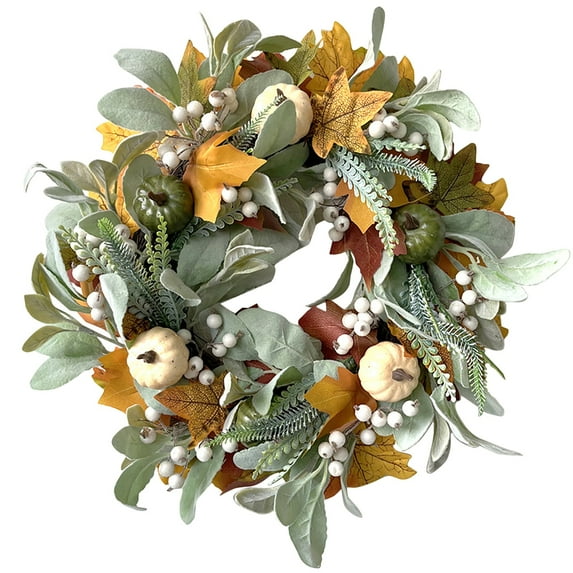 18" Farmhouse Fall Wreath Decoration for Front Door with White Pumpkin, Lamb's Ear Leaves and Maples , Harvest Door Wreath for Autumn or Thanksgiving Decor