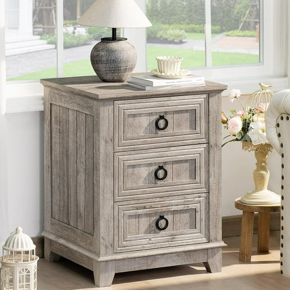 18" Farmhouse Night Stand with 3 Drawers, Wood End Table Dresser for Bedroom, Retro Oak Nightstand, Bed Side Table with Metal Handle, Bedside Cabinet for Bedroom Living Room, Closet