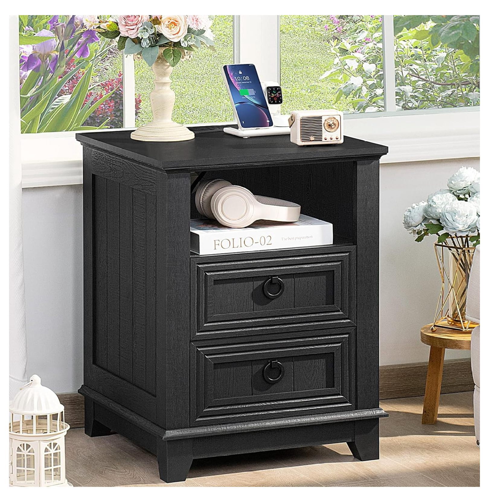 18" Farmhouse Night Stand with Charging Station, 2 Drawers End Table ...