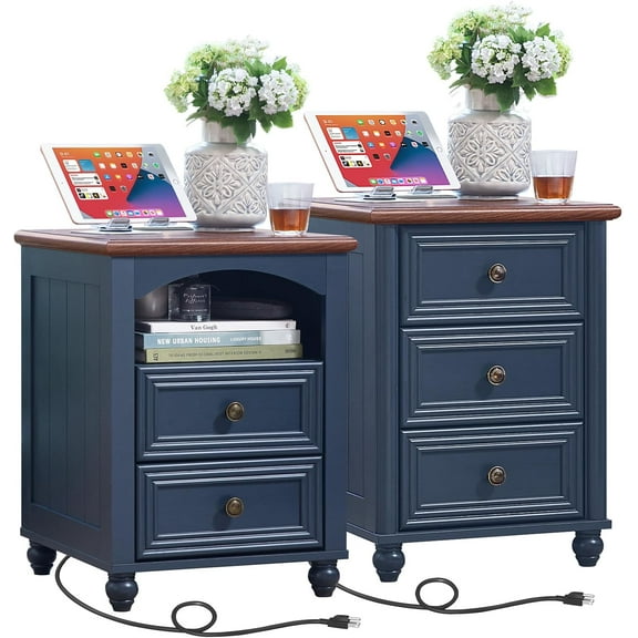 18" Farmhouse Night Stand Set 2 with Charger Station, Blue 2 & 3 Drawers Wood Nightstand, Bedside End Table with Storage and Roman Column, Bed Side Tables Cabinet for Bedroom, Living Room, and Closet