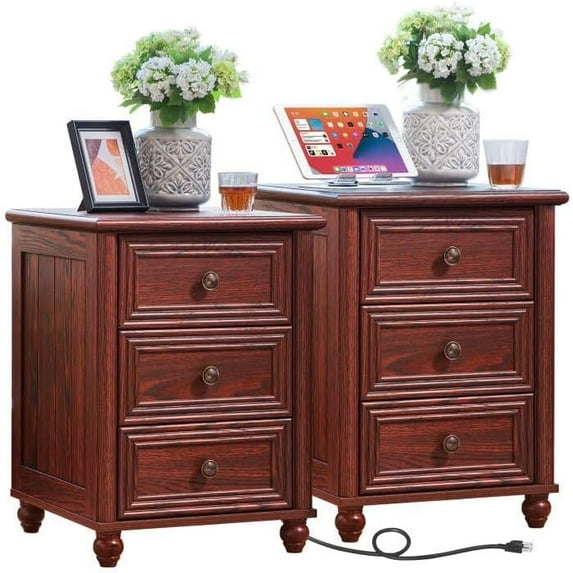 18" Farmhouse Night Stand Set 2, RedOak 3 & 3 Drawers Wood Nightstand, Bedside End Table with Storage and Roman Column, Bed Side Tables Cabinet for Bedroom, Living Room, and Closet