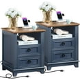 thumbnail image 1 of 18" Farmhouse Night Stands Set of 2 with Charging Station, 2 Drawers End Table Dresser for Bedroom, Blue Wooden Nightstand, Bed Side Table with Open Shelf, Bedside Cabinet for Living Room, 1 of 8