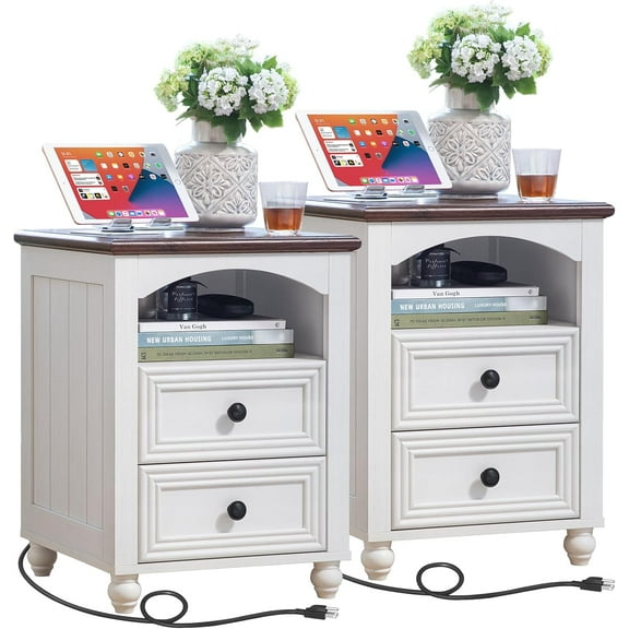 18" Farmhouse Night Stands Set of 2 with Charging Station, Wooden Nightstand with 2 Drawers, Bedside End Table with Storage, Bed Side Tables Cabinet for Bedroom, Living Room, and Closet(White)