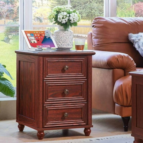 18" Farmhouse Nightstand with Charging Station and USB Port, RedOak Night Stand with 3 Drawers, Wood Bedside End Table with Storage, Bed Side Tables for Bedroom Living Room and Closet