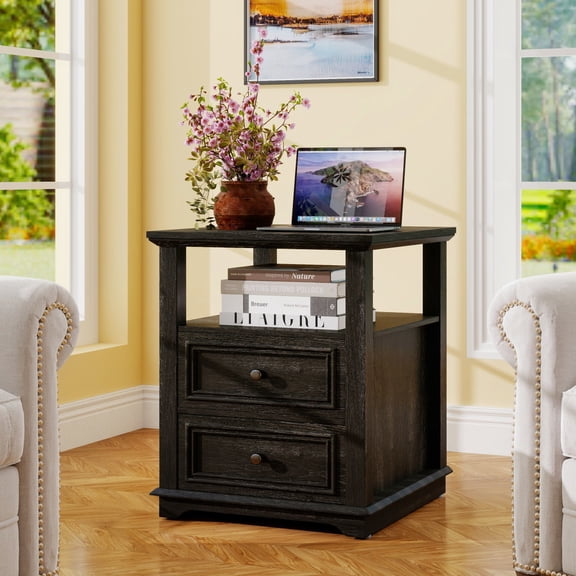 18” Farmhouse Nightstand End Table with Charging Station Rustic Dark Wood Tall Bedside Table with 2 Drawers Storage Open Shelf for Bedroom, Living Room, Closet