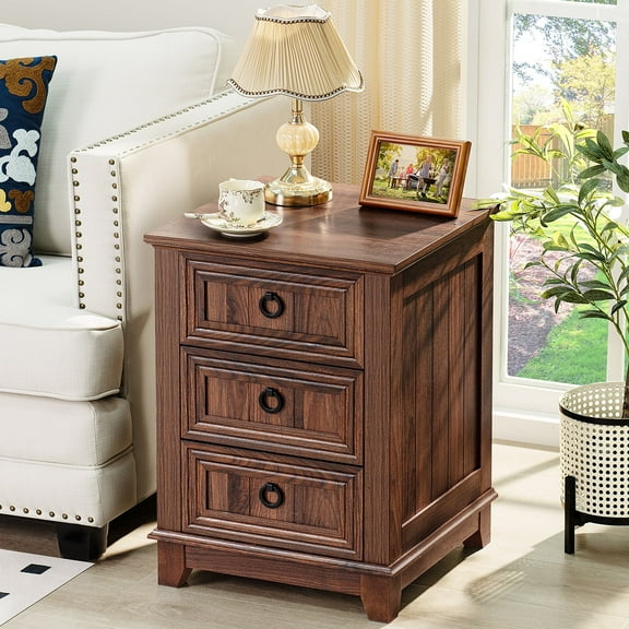 18" Farmhouse Nightstand, Side Table with 3 Large Drawers, Joaxswe Bedside End Table, Night Stand for Bedroom, Brown