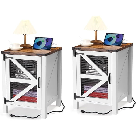 18" Farmhouse Nightstand with USB Charging Port, Rustic Barn Door Bedside Table with Storage Shelf, Industrial End Table for Bedroom & Living Room, 2-Pack