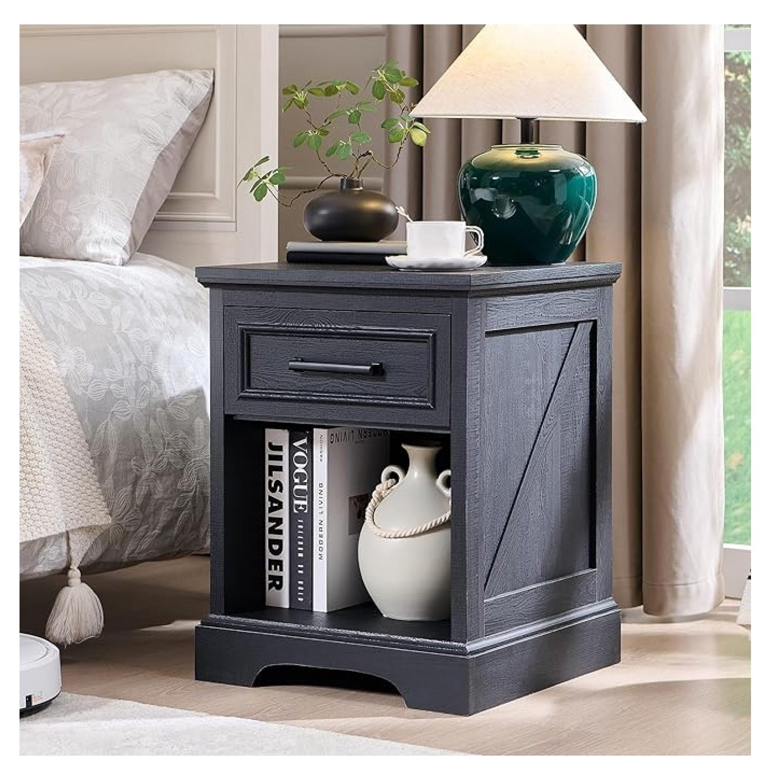 18" Farmhouse Nightstand with Charging Station, Bedside Table with ...