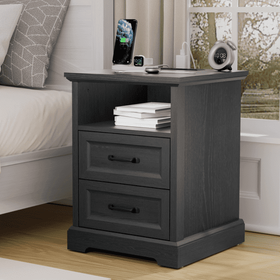 Hommpa 2 Drawers Farmhouse Nightstand with Charging Station, Rustic Bedside Tbale with Drawers for Bedroom, Vintage End Table with Open Shelf for Living Room, Side Table, Black