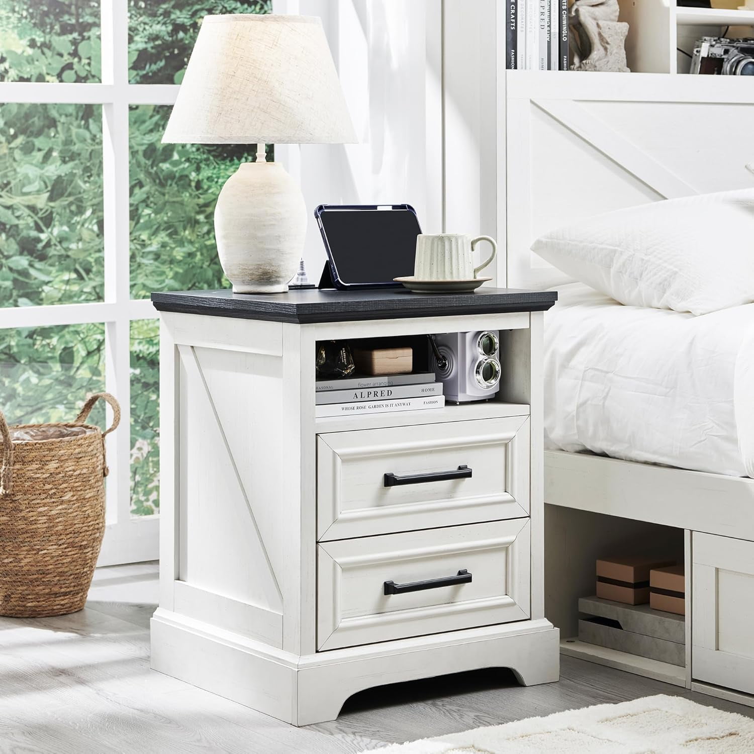 18" Farmhouse Nightstand with Charging Station,End Table with 2 Drawers ...