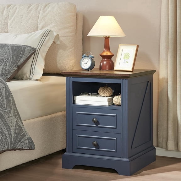 18" Farmhouse Nightstand with Charging Station,Side Table with 2 Drawers and Open Storage, Side Table,Bedside Cabinet for Bedroom,Living Room,Blue