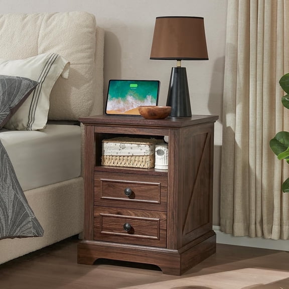 18" Farmhouse Nightstand with Charging Station,Side Table with 2 Drawers and Open Storage, Side Table,Bedside Cabinet for Bedroom,Living Room,Brown