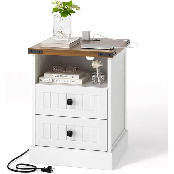 18" Farmhouse Nightstand with Charging Station,White End Tables Bedroom with Storage, 2 Drawers Bedside Table for Living Room, Rustic Home Furniture