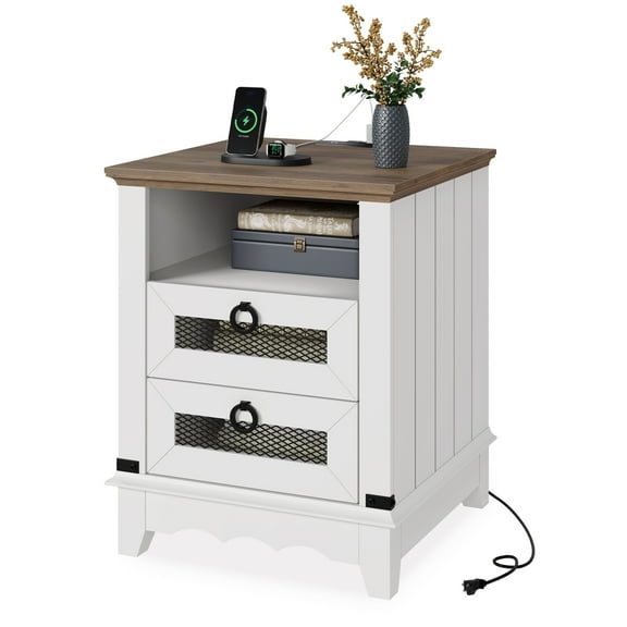 18" Farmhouse Nightstand with Charging Station,Wood Bedside Table with 2 Drawers for Bedroom,Living Room,White