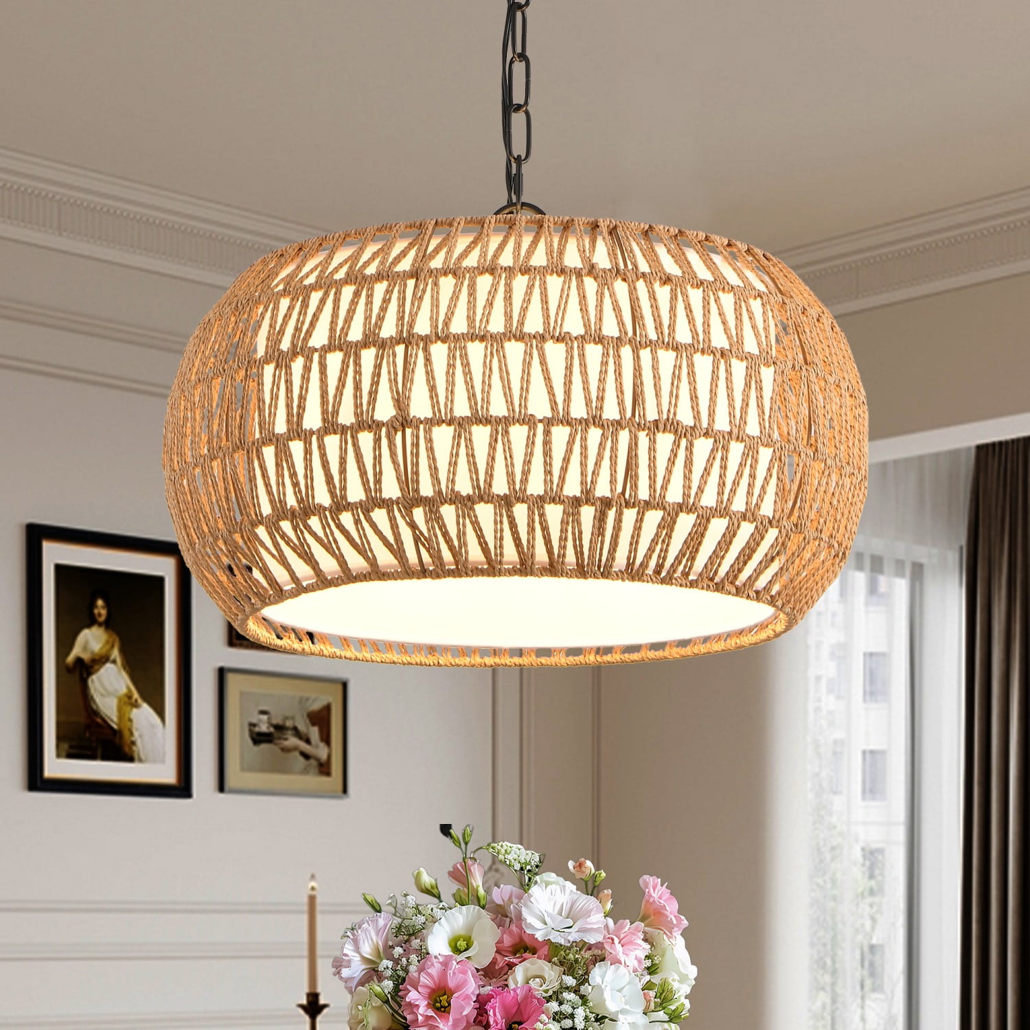 18” Farmhouse Pendant Light with Adjustable Height  Boho Woven Jute Rope Hanging Ceiling Light Fixture  E26 Base  60W Max  Compatible with Flat  Vaulted  and Sloped Ceil (Bulb Not Include