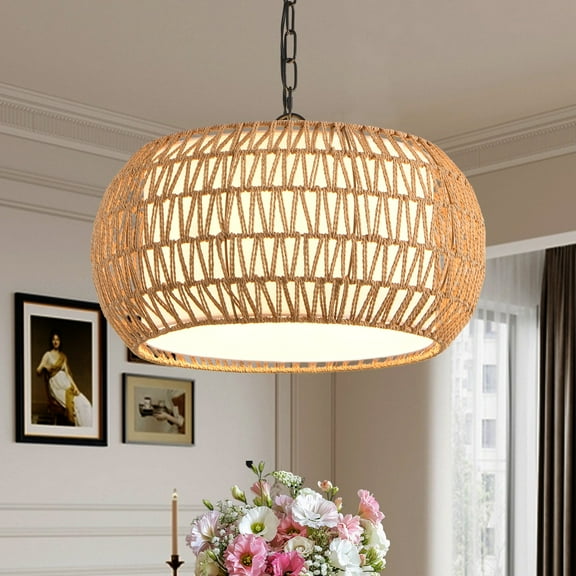18” Farmhouse Pendant Light with Adjustable Height  Boho Woven Jute Rope Hanging Ceiling Light Fixture  E26 Base  60W Max  Compatible with Flat  Vaulted  and Sloped Ceil (Bulb Not Include