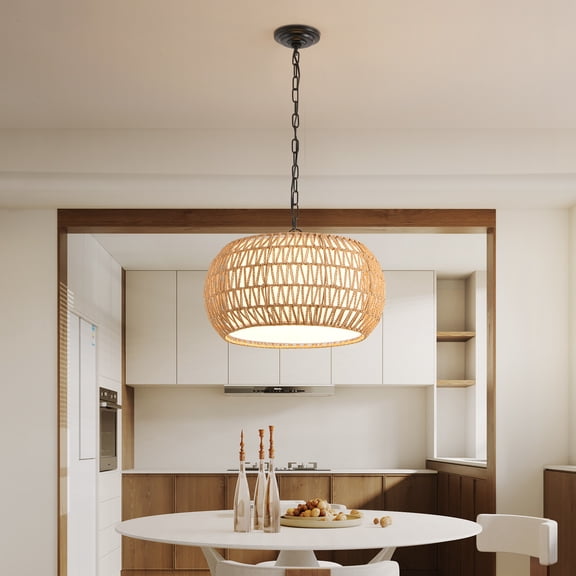 18" Farmhouse Pendant Light With Adjustable Height, Boho Woven Jute Rope Hanging Ceiling Light Fixture, E26 Base, 60W Max, Compatible With Flat, Vaulted, And Sloped Ceil (Bulb Not Included)